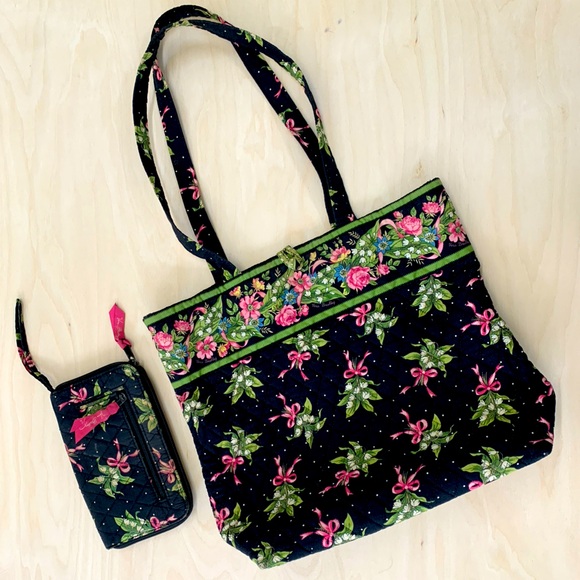 Vera Bradley retired design Black Floral New Hope large tote with Wallet - Picture 1 of 6